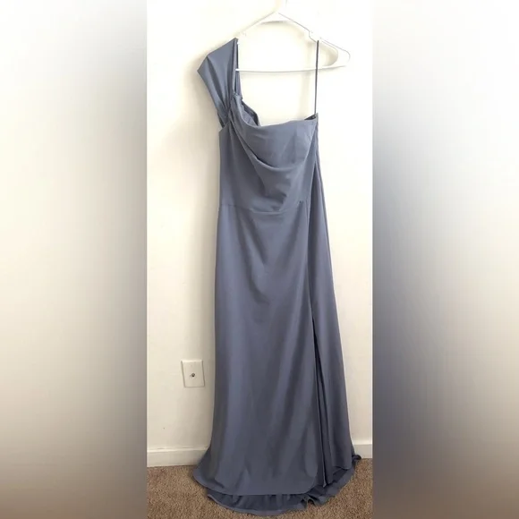 NWOT Amsale Bridesmaid Dress Blue Maxi Dorothy GB263P Draped one-shoulder 12 - Picture 3 of 10